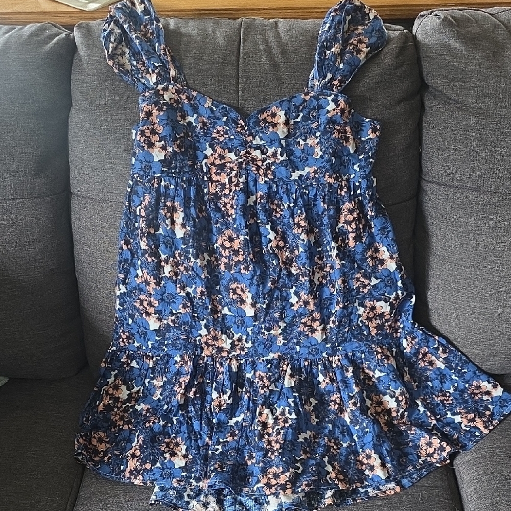 Free People Blue Floral Mini Dress with Pink Floral Accents